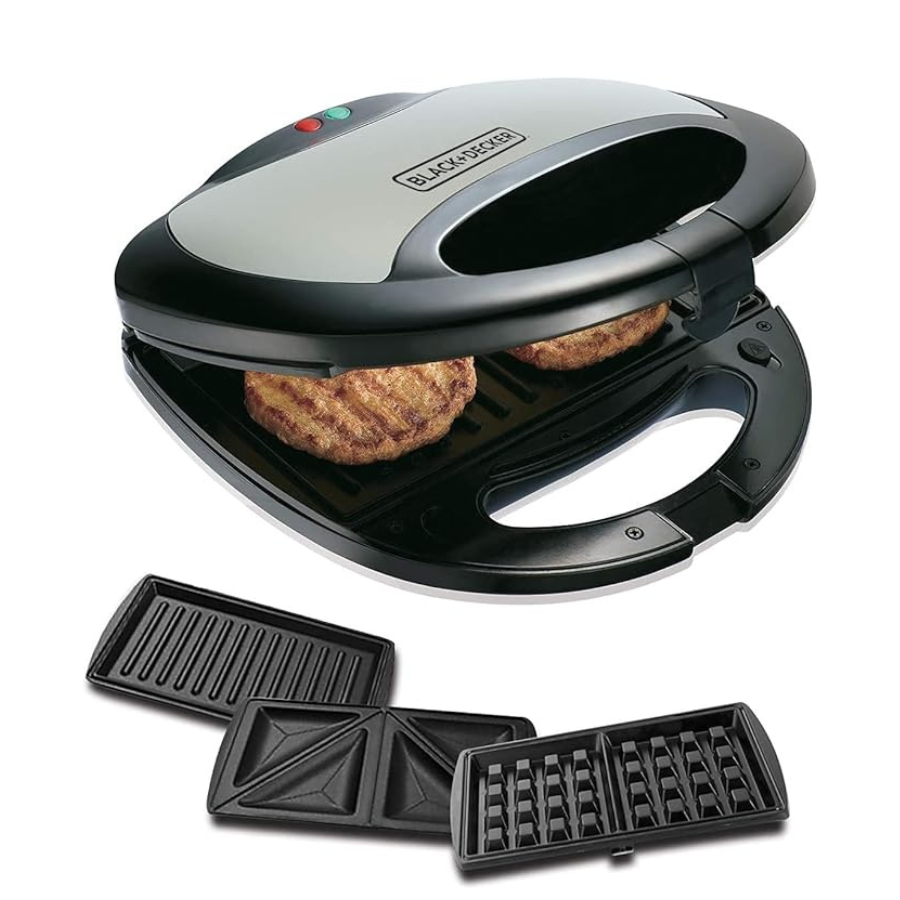 Black & Decker 750W Sandwich Maker 2 Slot Non-Stick 3in1 Interchangable Sandwich Grill And Waffle Maker, With Indicator And Ready to Cook Lights For Quick and Easy Dishes TS2090-B5